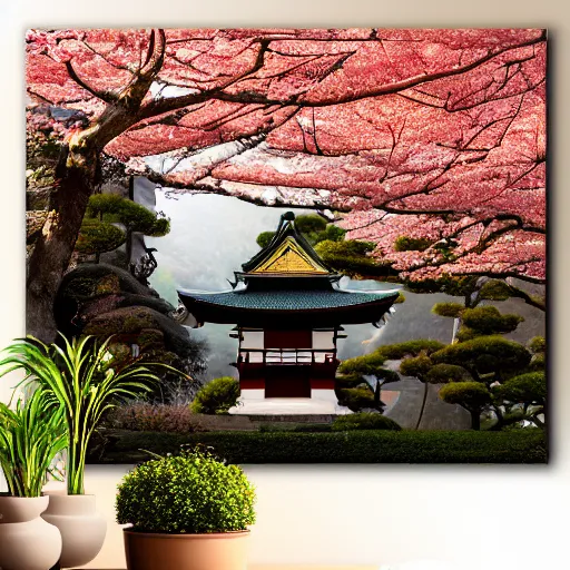 Prompt: landscape japanese house, japanese temple, cherry blossom samurai scene jurgens digital art, golden ratio, art canvas, award winning, masterpiece artstation 8 k 1 5 0 mpx