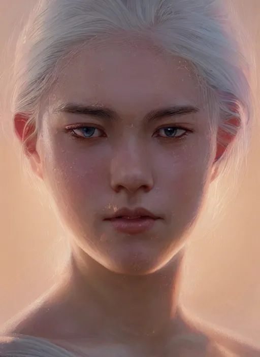 Image similar to girl with shoulder length white hair, rice farmer, beautiful highly detailed face, light freckles, pink pupils, beautiful painting by artgerm and greg rutkowski and raymond swanland