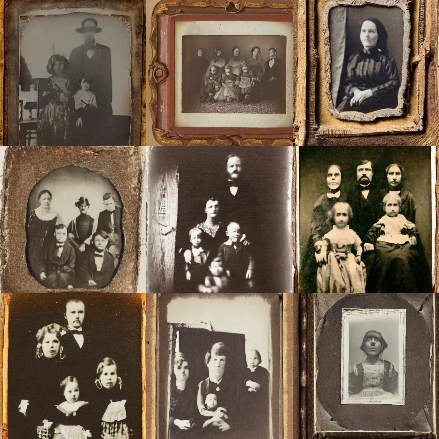 Prompt: a ghost visible in an old daguerrotype family portrait in a log cabin, you can't miss it