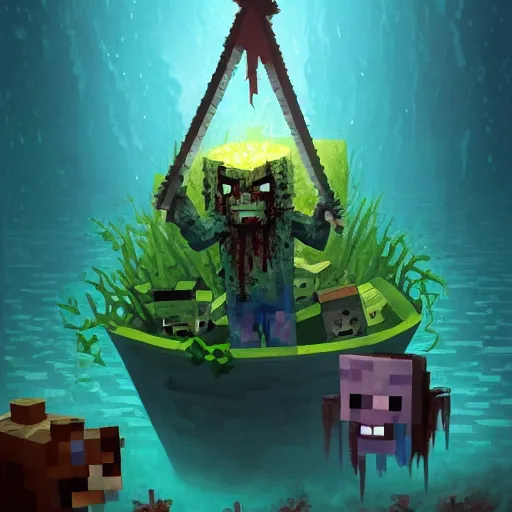 Image similar to painting by greg rutkowski of a minecraft drowned zombie holding a trident with glowing cyan eyes, wearing ragged clothing and and algae growing on it, holding a trident, underwater