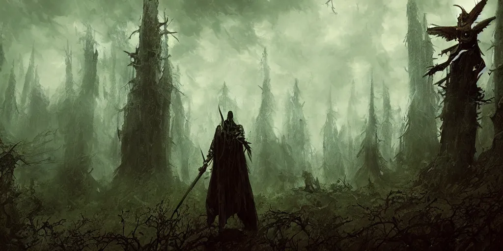 Prompt: a dark strong skull wizard dominates the forest, middle age, fantasy, ominous sky, Matte Painting, evening, Craig Mullins