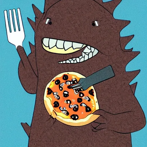 Prompt: an godzilla eating pizza with a fork