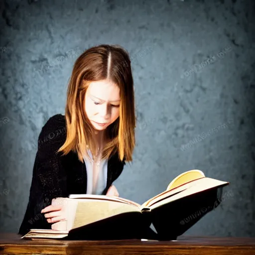 Image similar to dnd style portrait of a girl reading a book, her hair flowing down