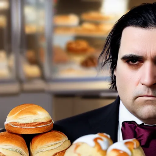 Image similar to Close up portrait of a clean-shaven chubby man with long black hair wearing a brown suit and necktie with a bakery in the background. Photorealistic. Award winning. Dramatic lighting. Intricate details. UHD 8K. He looks guilty and is giving puppy dog eyes.