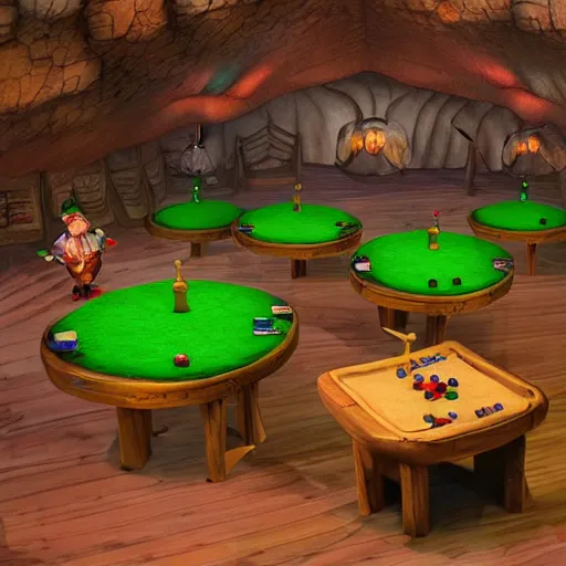 Image similar to You stand inside a bustling gnomish casino. Around the large cave, lit by suspended petchum lanterns, you see various large tables with green felted tops. Each table hosts games of both chance and strategy that the gnomes love. From a counter in the far left corner, Felcher presides over his establishment with pride.