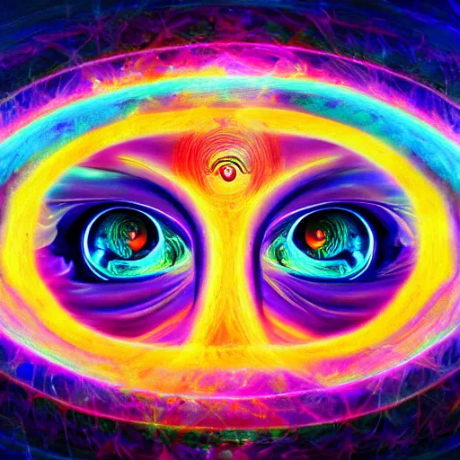Prompt: painting of an eye surrounded by dmt visuals with angels in the background 4 k quality super realistic