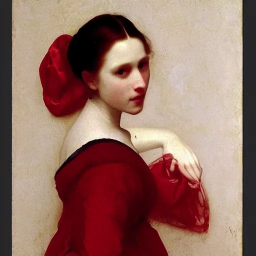 Prompt: sublime portrait of a woman in a red satin dress, very pale, graceful yet imposing, by Vermeer, (Bouguereau), strong dramatic cinematic lighting, 17th-century, smooth, sharp focus, extremely detailed