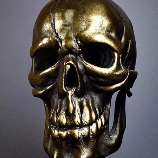 Prompt: perfect statue of evil skull mask made from black marble with gold, by johannes voss and michelangelo and donatello