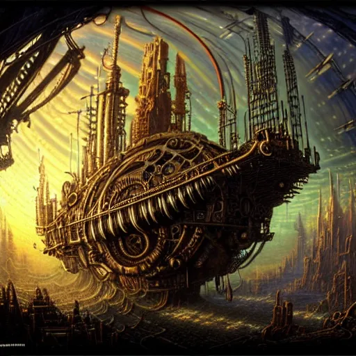 Prompt: intricate detailed post-apocalyptic futuristic steampunk airship. Lisa Frank, james gurney,dan luvisi,Petros Afshar,tim hildebrandt,liam wong,Mark Riddick,thomas kinkade,ernst haeckel,dan mumford,trending on artstation,josephine wall, WLOP ,cgsociety by Gediminas Pranckevicius, trending on cgsociety and DeviantArt