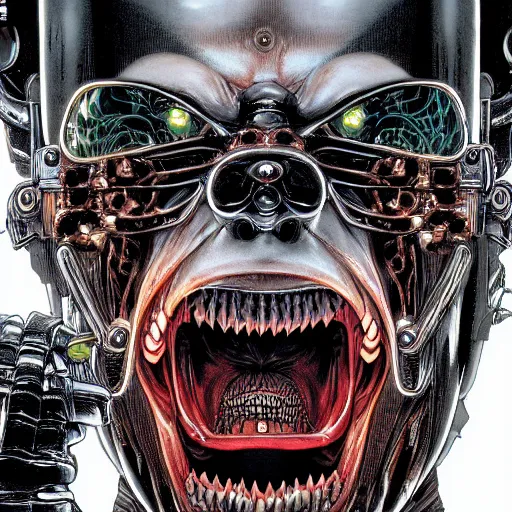 Prompt: portrait closeup of crazy black carbon terminator laughing, symmetrical, cinematic colors, by yoichi hatakenaka, masamune shirow, josan gonzales and dan mumford, ayami kojima, takato yamamoto, barclay shaw, karol bak, yukito kishiro