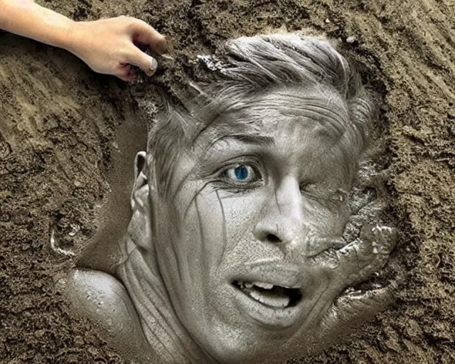 Prompt: a realistic human head coming out of the ground, surreal, water art manipulation