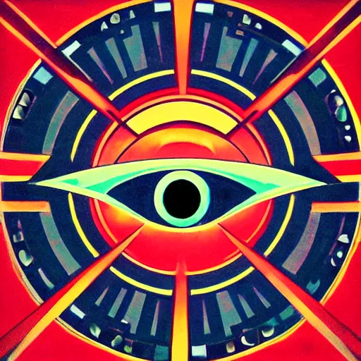 Image similar to logo of eye overlooking a city, symmetrical, washed out color, centered, art deco, 1 9 5 0's futuristic, glowing highlights, peaceful