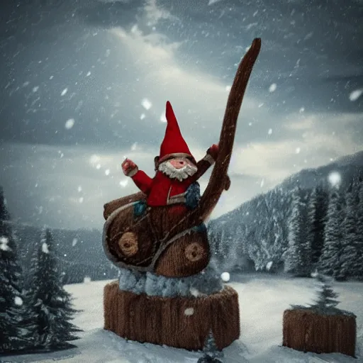 Image similar to A small gnome riding on a huge Mammoth in a snowy landscape, photorealistic