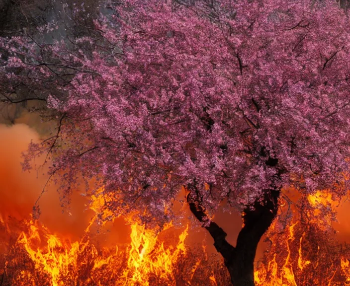 Prompt: 4 k hd, high detail photograph of blossoming tree surrounded by fire, shot with sigma f / 4. 2, 2 5 0 mm sharp lens, wide shot, consistent, volumetric lighting, high level texture render