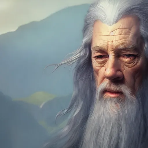 Image similar to a portrait of gandalf cinematic lighting, photorealistic, octane render, 8 k, depth of field, 3 d, art by artgerm and greg rutkowski and alphonse mucha and uang guangjian and gil elvgren and sachin ten