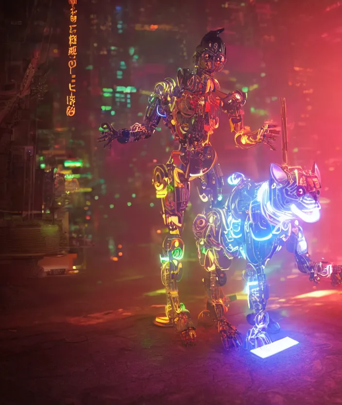 Prompt: japanese model cyborg dog with digital led skin, neon lighting, techno neon projector background, family photo, intricate details, ultra realistic, unreal engine 5, depth of field, bokeh, octane render