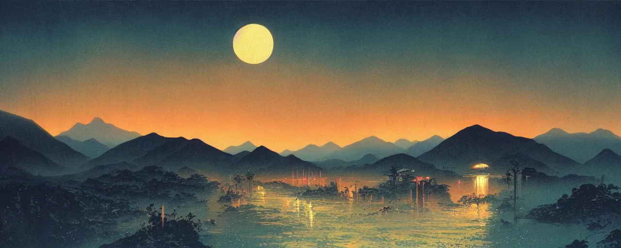 Image similar to awe inspiring bruce pennington landscape, digital art painting of 1 9 6 0 s, japan at night, 4 k, matte, warm, old, air perspective