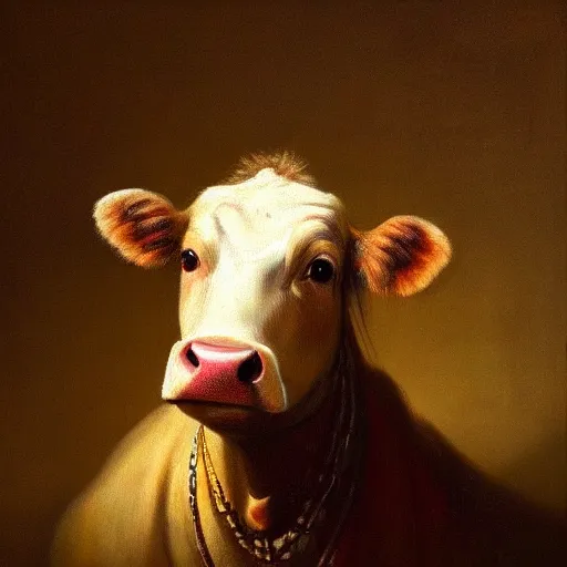 Prompt: anthropomorphic cow proudly posing for a portrait, painted by rembrandt intricate ultra detailed painting atmospheric lighting golden hour