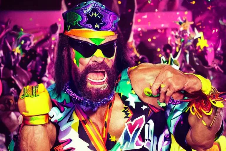 Image similar to macho man randy savage iwgp heavyweight champion at a birthday party at chuck e cheese, mid 9 0 s, gritty, ethereal details, cinematic lighting, hyper - detailed, maximalist, artstation, 8 k