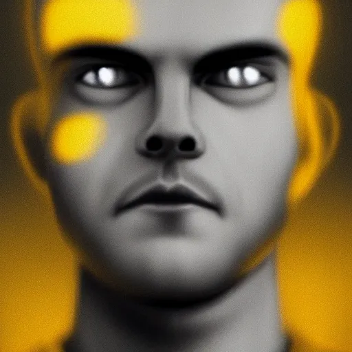 Prompt: Close up of a young, thin and stern catholic priest in his thirties fervently praying as he is about to die from the ominous Lovecraftian yellow shadow descending upon him from the night sky. The yellow shadow feels very oppressive and terrifying. Low angle, dramatic lighting. Award-winning digital art, trending on ArtStation