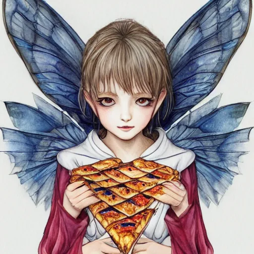 Image similar to a fairy girl, wearing a hoodie and sweatpants, symmetrical wings, wings made of pizza, basic white background, symmetrical, watercolor, pen and ink, intricate line drawings, by Yoshitaka Amano, Ruan Jia, Kentaro Miura, Artgerm, detailed, trending on artstation, hd, masterpiece,