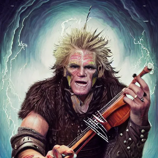 Image similar to detailed photo of a Half-orc bard portrayed by Gary Busey playing a fiddle, 8k,by Tristan Eaton, Stanley Artgermm, Tom Bagshaw, Greg Rutkowski, Carne Griffiths, trending on DeviantArt, face enhance, hyper detailed ,full of color, dramatic lightning, epic stance