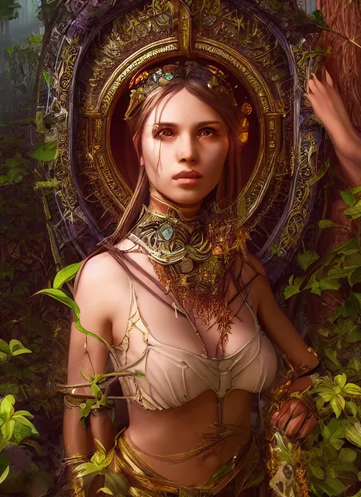 Image similar to Beautiful art portrait of a female fantasy priestess in a bright temple surrounded by lush forest, atmospheric lighting, intricate detail, cgsociety, hyperrealistic, octane render, RPG portrait, ambient light, dynamic lighting