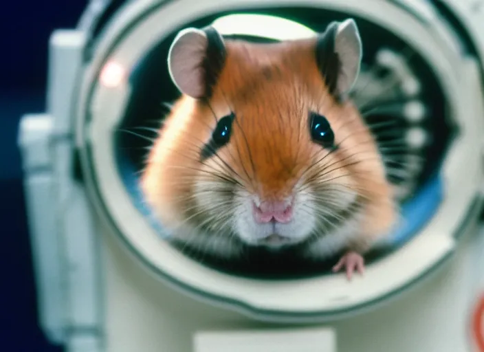 Image similar to film still of a hamster working for mission control at nasa, 8 k