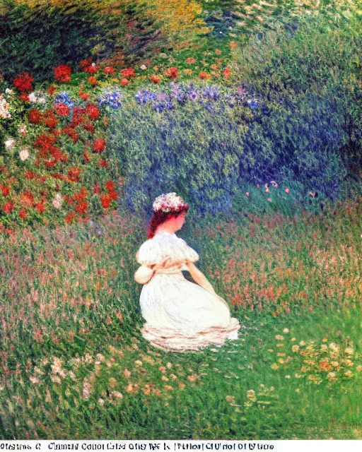 Prompt: flowers, a garden at home, a small fence, a girl sitting on the grass, a girl laughing, a girl clear weather, green grass, white clouds, clouds, trees around, flowers around, saturated colors, romanticism, painting, (1886). Claude Monet, Impressionism