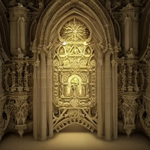 Prompt: a hyperrealistic 3 d render of a delicate ivory sculpture of an ornate detailed cathedral populated by mandelbrot fractals, micro detail, unreal engine, backlit lighting, octane renderer, catholicpunk, glowing, photorealistic, physically based rendering, angelic, carved soap, trending on cgsociety