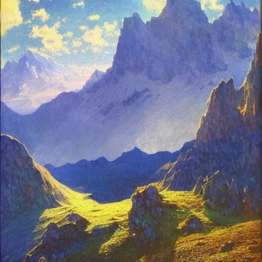 Image similar to wonderful alpine mountain valley, swiss, soft dynamic clouds, astral appearance, cinematic light, sublime, colorful, light shafts, dramatic light, by august malmstrom, russian painters, mucha, disney, global illumination, rule of thirds, perfect central composition