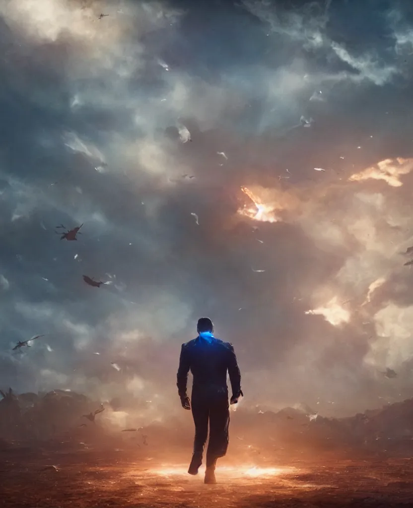 Image similar to a cinematic scene of a giant smirking elon musk in sky blue armor walking toward the camera from a explosion of blue twitter birds, atmospheric lighting, painted, intricate, volumetric lighting, beautiful, golden hour, sharp focus, ultra detailed, by Leesha Hannigan, Ross Tran, Thierry Doizon, Kai Carpenter, Ignacio Fernández Ríos