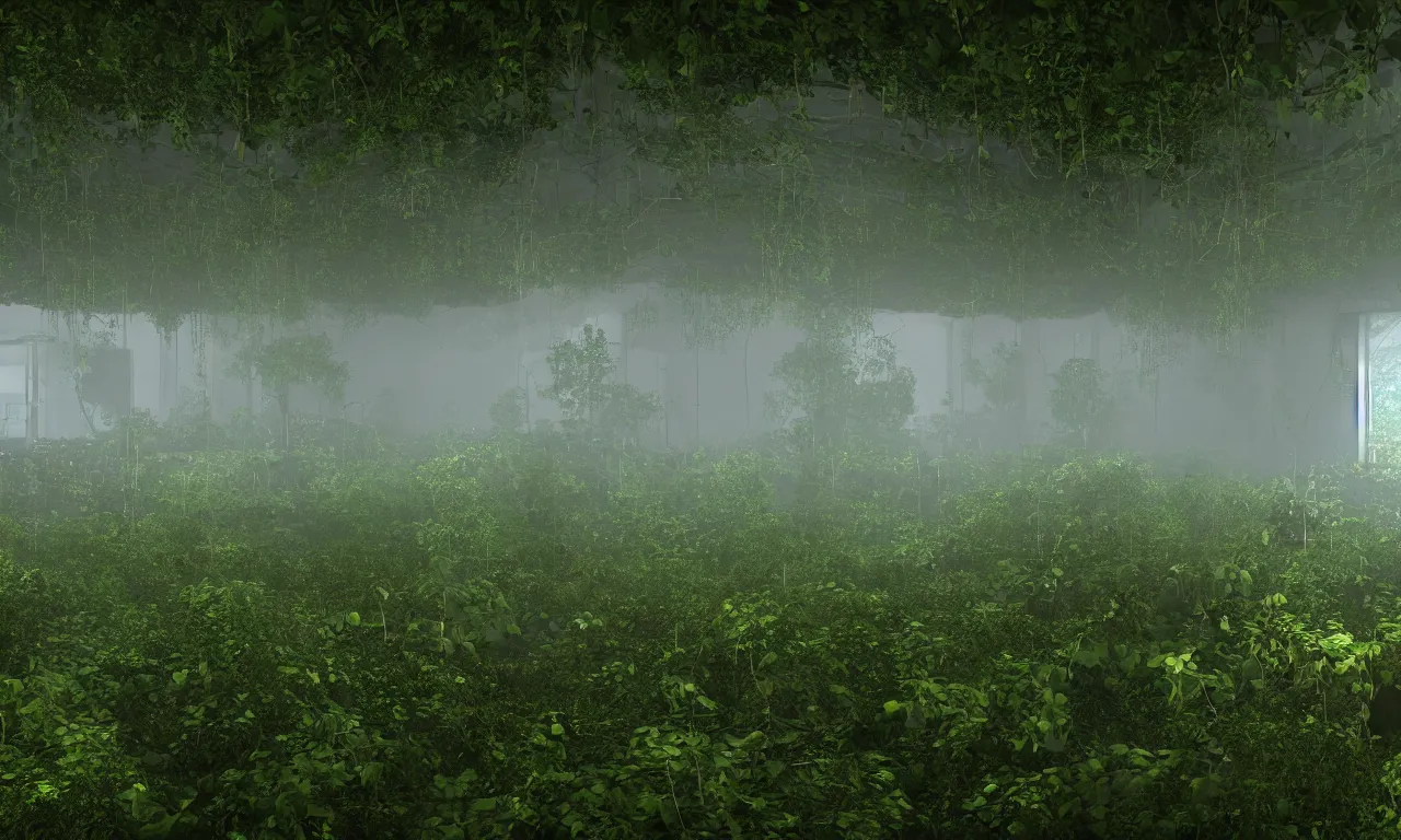 Prompt: A old abandoned control room overgrown with vines, ivy, moss, and vegetation with computers still functioning with lit screens and lights with a large viewing window into the fog, abandoned, realistic volumetric lighting, golden hour, realistic reflections, 4k wallpaper