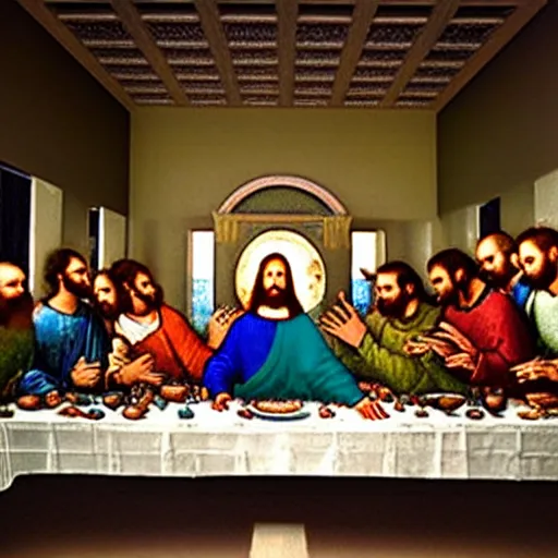 Image similar to in a space technology museum, a futuristic hologram art of The Last Supper by Leonardo Da Vinci