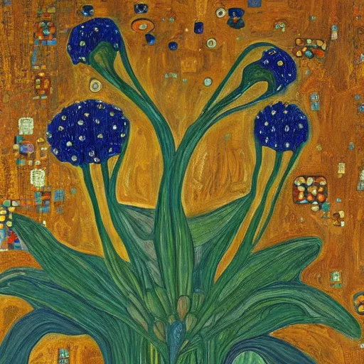 Prompt: an abstract and detailed painting of a lilies buke made out of geometric shapes, using gold paint like gustav klimt