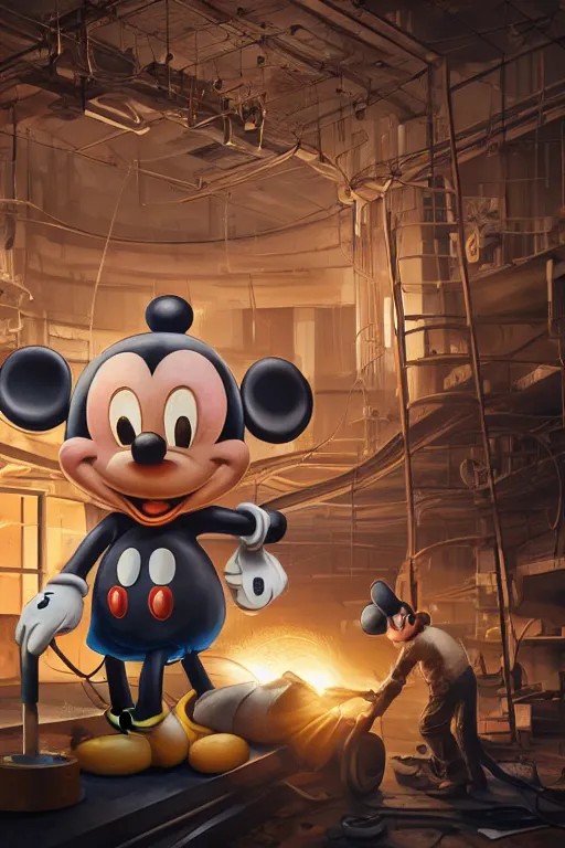 Image similar to workers / mechanic working on mickey mouse giant head, low cinematic lighting, front lit, beeple, cgsociety, unreal engine, octane render, trending on art station, highly detailed 4 k art, intricate, hyperr realistic