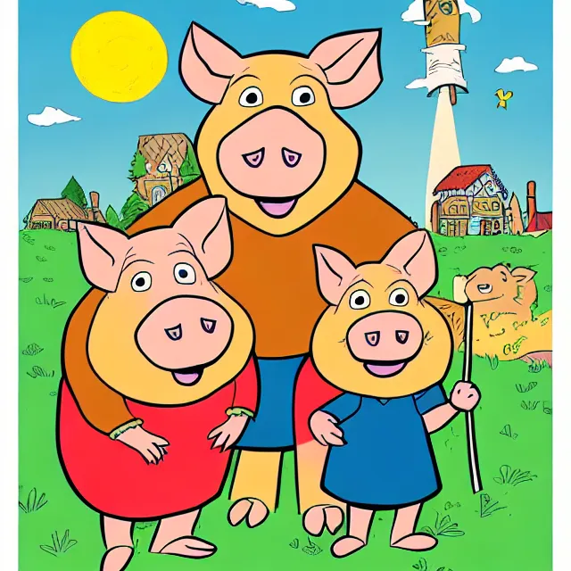 Image similar to children's book cover illustration for the boarenstain boars, cartoon boar family wearing clothing, in the style of stan and jan berenstain.