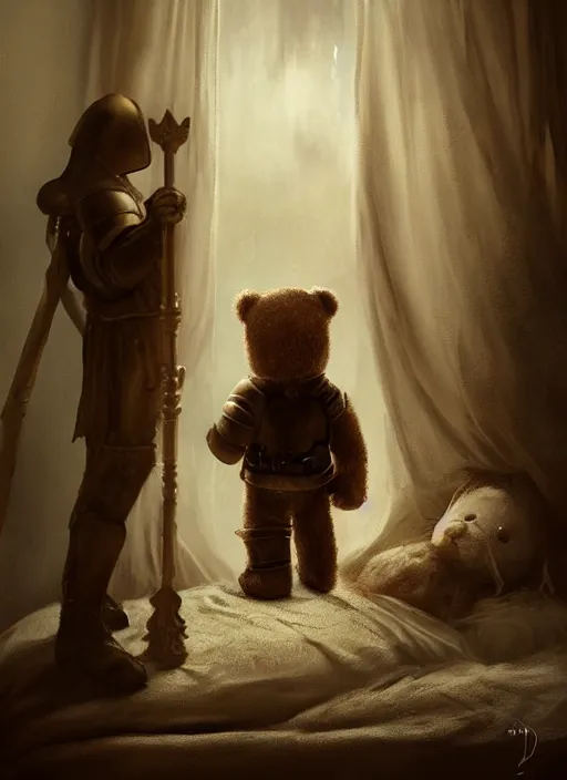 Prompt: a teddy bear dressed as a knight stands on a bed to scar away a nightmare that looms over a sleeping child, portrait, dramatic lighting, cinematic, establishing shot, extremly high detail, photo realistic, foto realistic, cinematic lighting, post processed, concept art, artstation, matte painting, style by eddie mendoza, raphael lacoste, alex ross