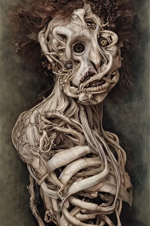 Prompt: Detailed maximalist portrait of a greek god with large lips and eyes, scared expression, botanical skeletal with extra flesh, HD mixed media, 3D collage, highly detailed and intricate, surreal illustration in the style of Jenny Saville, dark art, baroque, centred in image