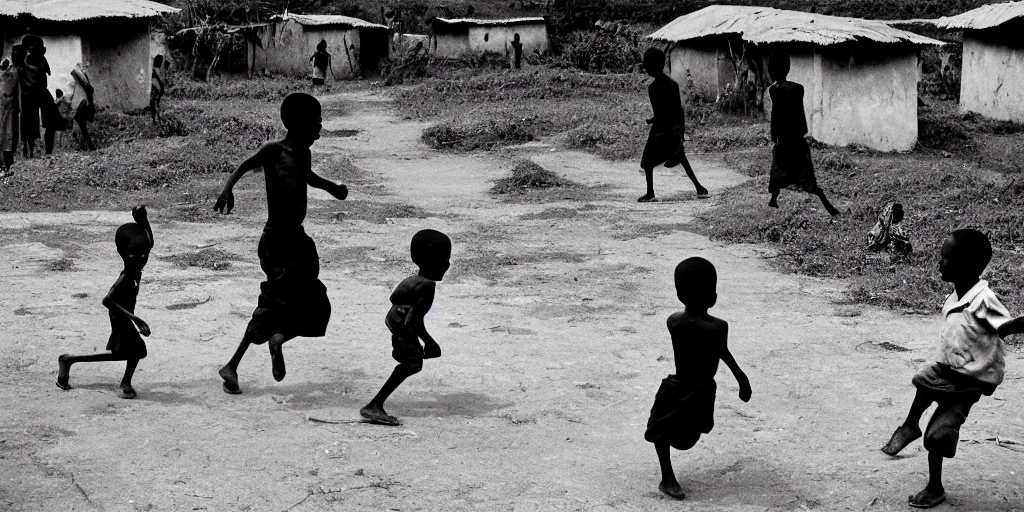 Image similar to kenyan village, black kids playing football, film photography, exposed b & w photography, christopher morris photography, bruce davidson photography, peter marlow photography