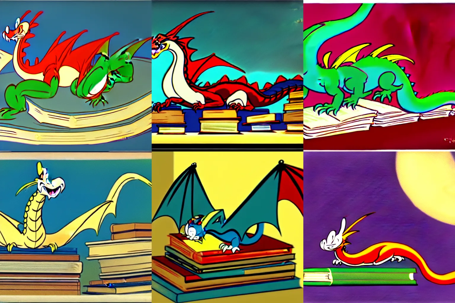 Prompt: huge Dragon sleeping on a large hoard of books, by Chuck Jones, animation keyframe, looney tunes, technicolor, cartoon