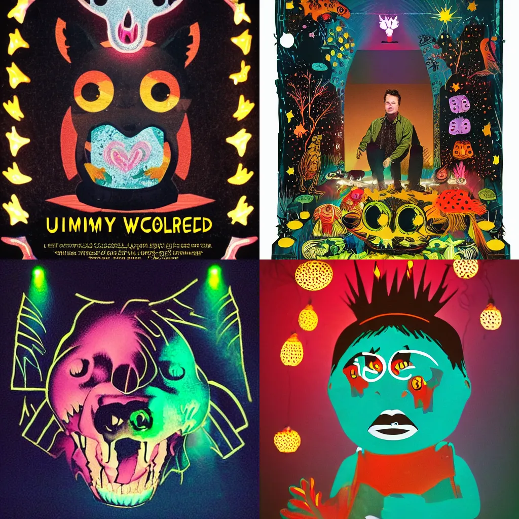 Prompt: illuminated Jimmy Eat World, decorated with creatures, character A