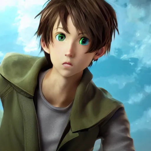 Image similar to a brown haired green eyes boy in a dynamic pose. character design. gesture drawing. line of action. official art, unreal engine 5, unreal engine. tetsuya nomura. medium shot. ray tracing hdr. 8 k. uhd. sharp focus. highly detailed. masterpiece. anime render. cinematic lighting. lifelike. symmetrical face. beautiful face