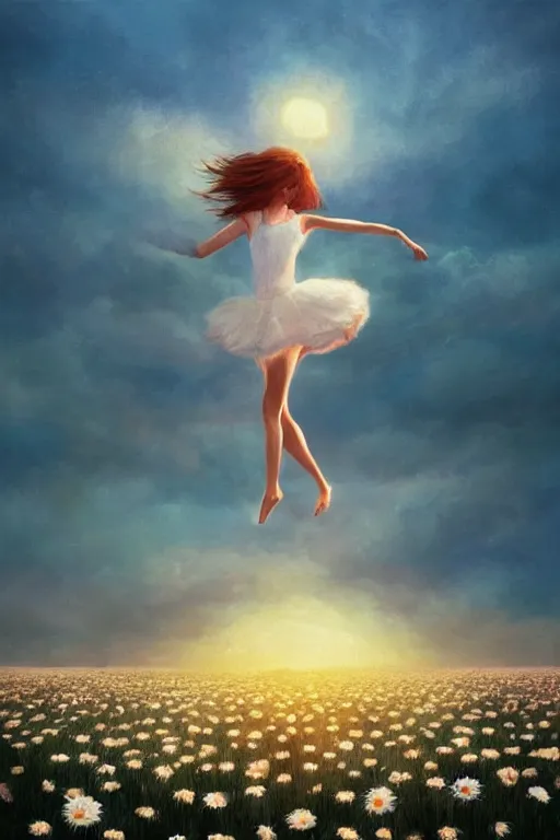 Image similar to giant white daisy flower as head, girl dancing in a flower field, surreal photography, sunrise, dramatic light, impressionist painting, colorful clouds, digital painting, artstation, simon stalenhag