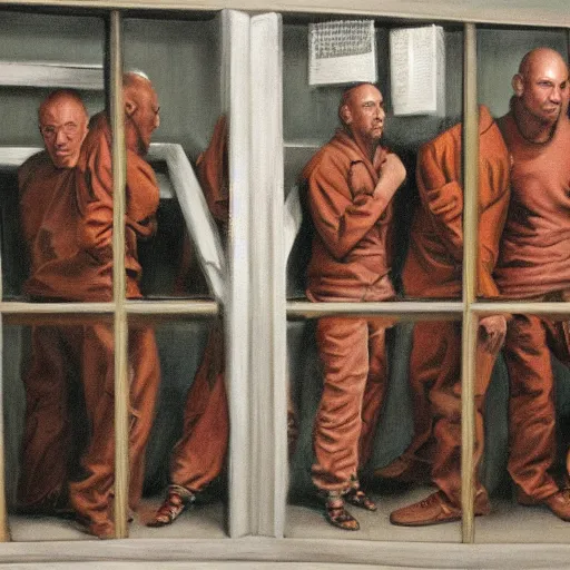 Image similar to hyperrealism painting of prisoners scheming to escape prison