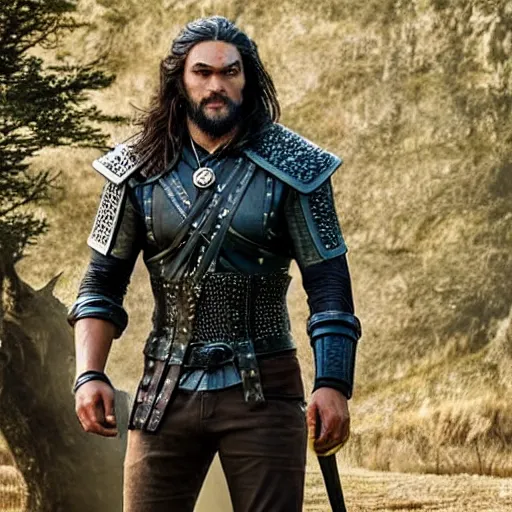 Prompt: Jason Momoa as Witcher, from Witcher (2021), Netflix, medium shot, high-quality photo, natural lighting,