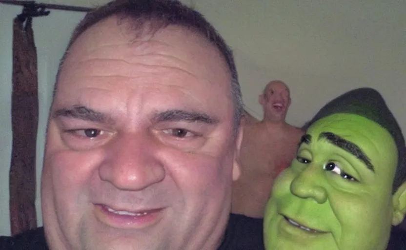 Image similar to my uncle that look like shrek if he was real accidentally taking a selfie, front camera, camera flash is so bright in his face, viral, selfie, viral on twitter, viral on instagram, viral photo