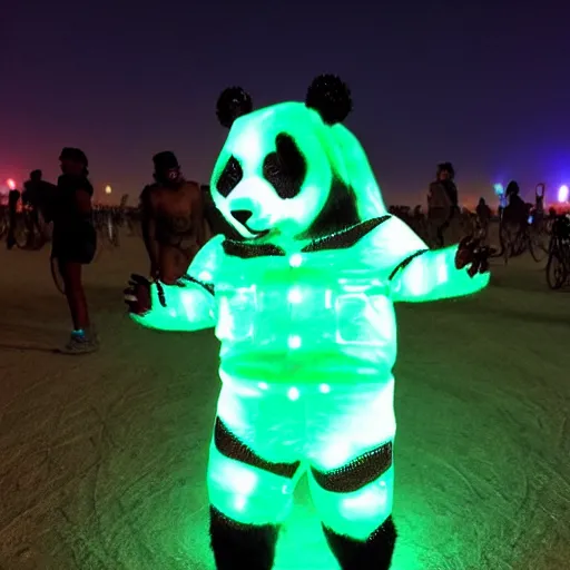 Image similar to a panda wearing led - lined clothing dancing at night on a busy playa at burning man