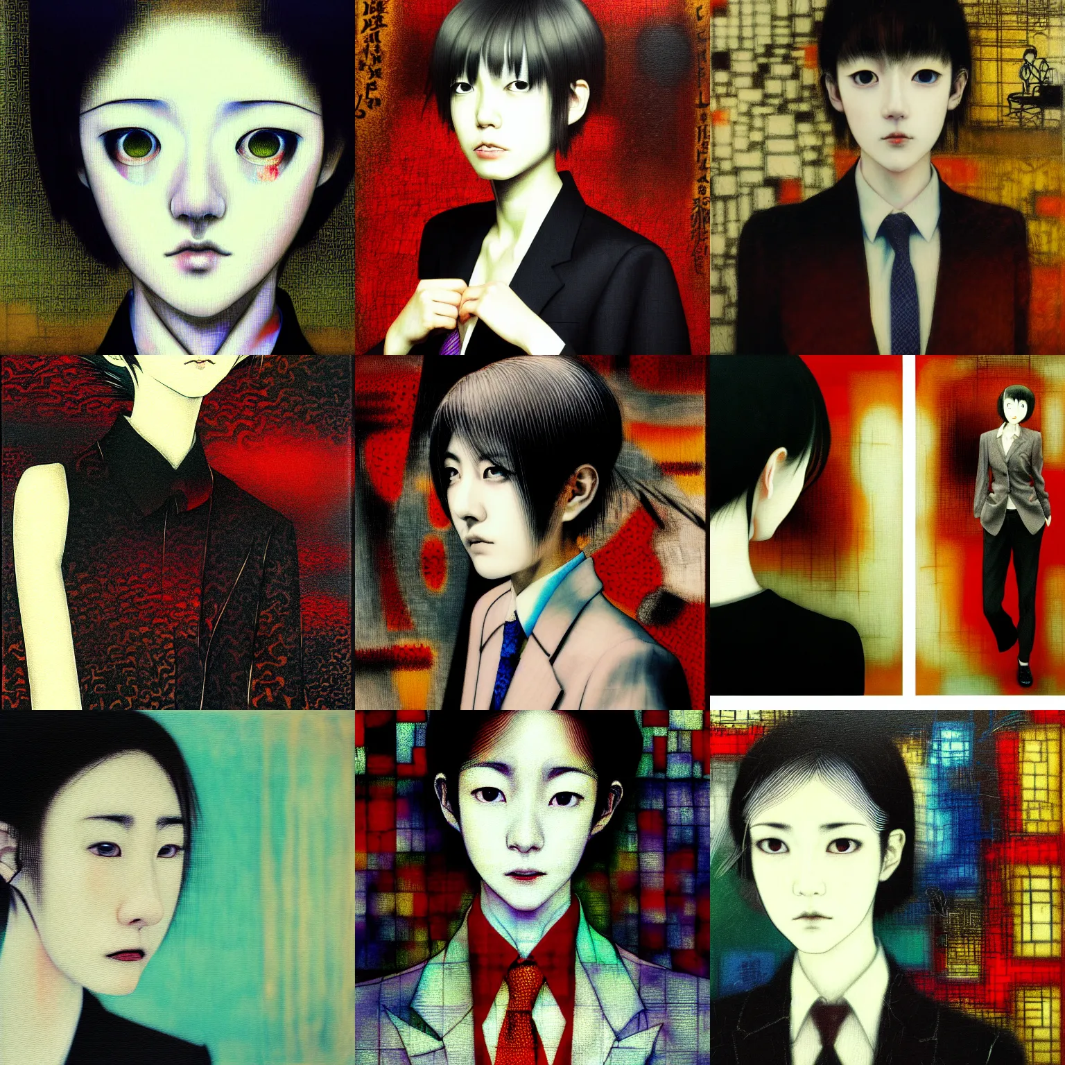 Image similar to yoshitaka amano blurred and dreamy realistic three quarter angle portrait of a young woman with short hair and black eyes wearing office suit with tie, junji ito abstract patterns in the background, satoshi kon anime, noisy film grain effect, highly detailed, renaissance oil painting, weird portrait angle, blurred lost edges