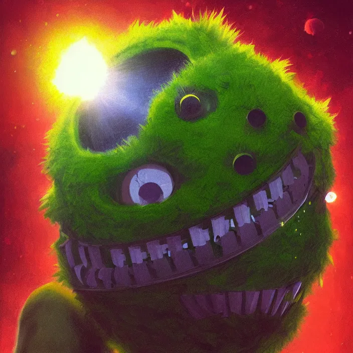 Image similar to cinematic portrait of a cute tennis ball monster in the abyss of space, chalk, masterpiece, trending on artstation, featured on pixiv, cinematic composition, dramatic pose, beautiful lighting, sharp details, hyper - detailed, hd, hdr, 4 k, 8 k, art by basil gogos